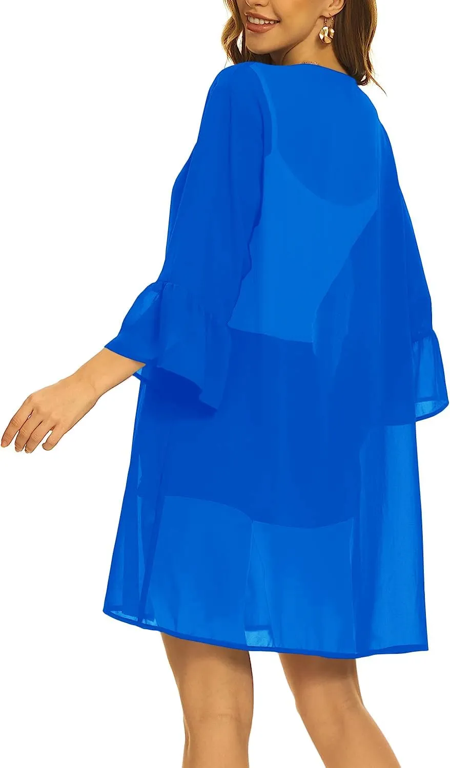 Indian Trendy Women's Solid Ruffle Sleeve Kimono Long Cardigan Loose Cover Up Casual Blouse Top Chiffon, Small-Medium