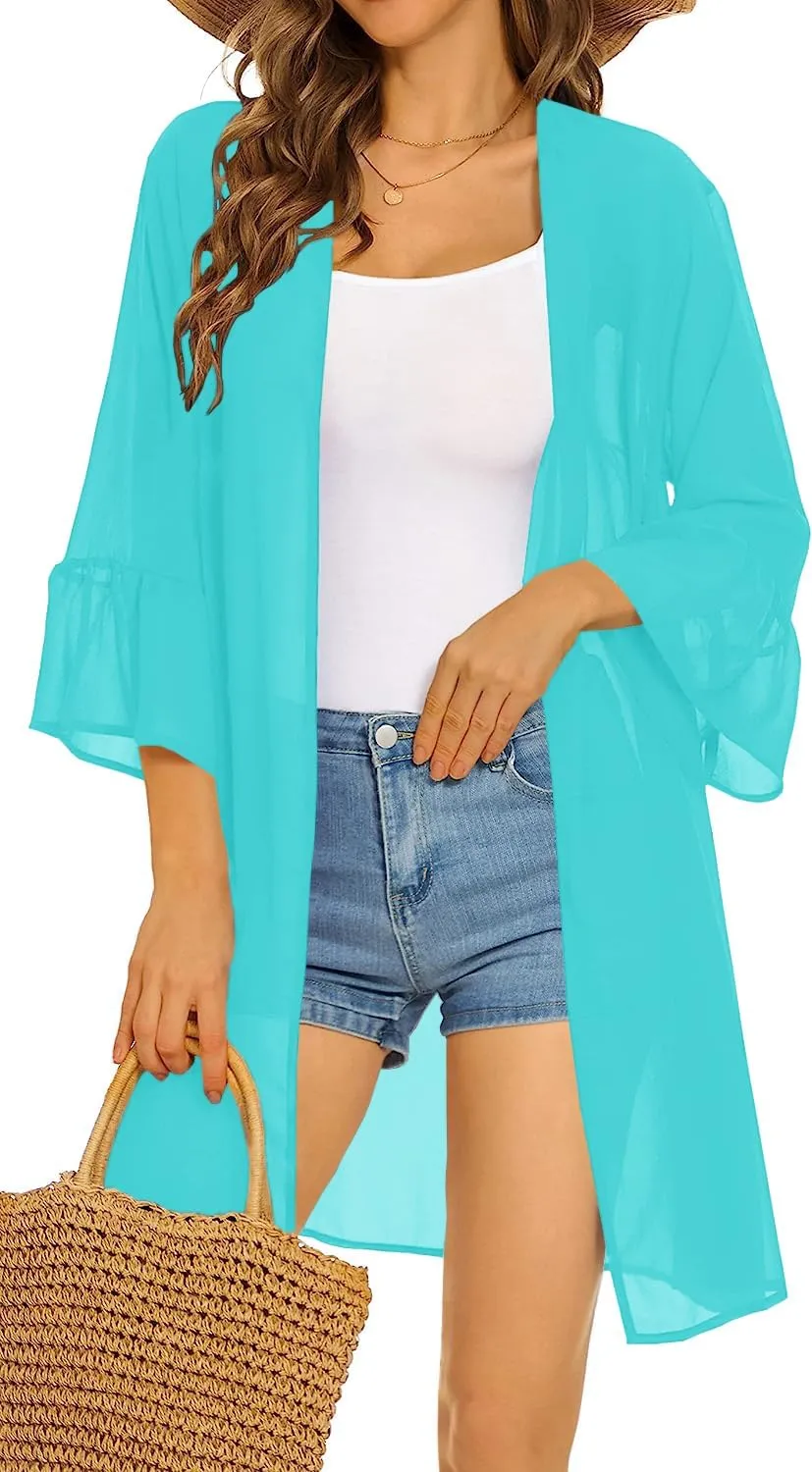 Indian Trendy Women's Solid Ruffle Sleeve Kimono Long Cardigan Loose Cover Up Casual Blouse Top Chiffon, Small-Medium