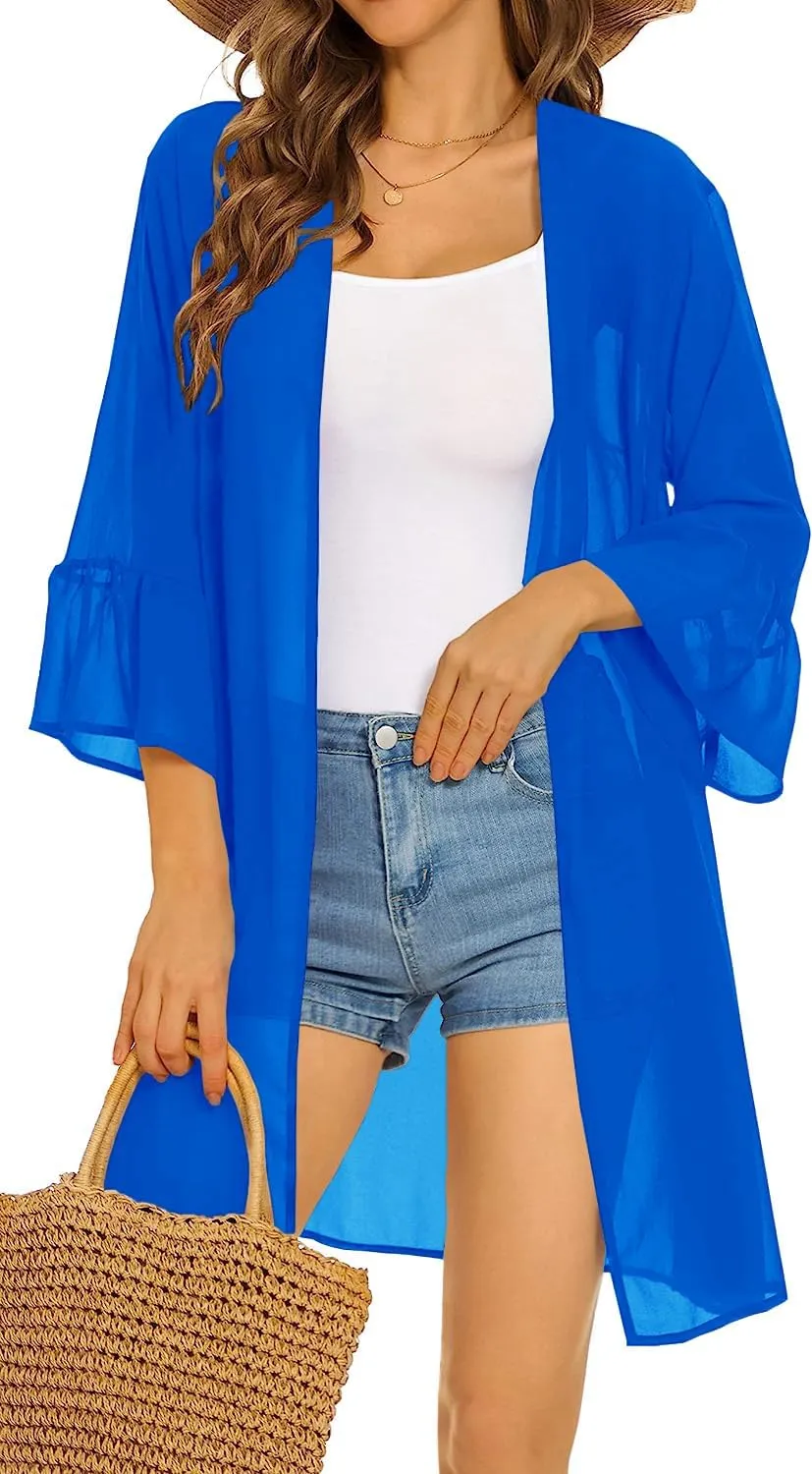 Indian Trendy Women's Solid Ruffle Sleeve Kimono Long Cardigan Loose Cover Up Casual Blouse Top Chiffon, Small-Medium