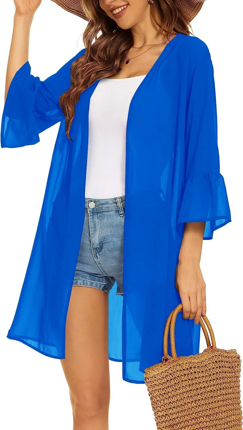 Indian Trendy Women's Solid Ruffle Sleeve Kimono Long Cardigan Loose Cover Up Casual Blouse Top Chiffon, Small-Medium