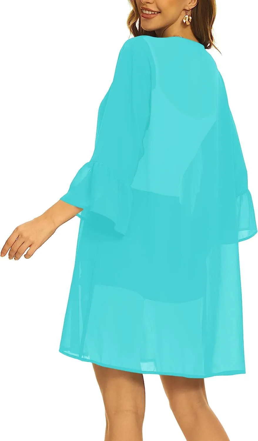 Indian Trendy Women's Solid Ruffle Sleeve Kimono Long Cardigan Loose Cover Up Casual Blouse Top Chiffon, Small-Medium