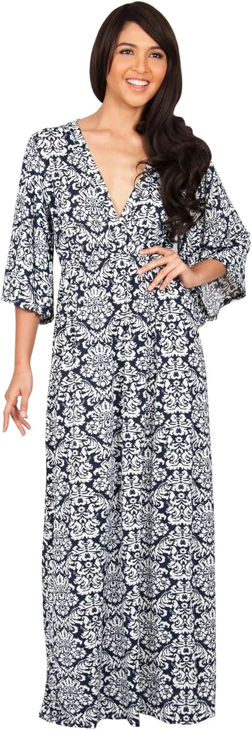 KOH KOH Womens 2025 Long 3/4 Sleeve V Neck Bohemian Print Flowy Maxi Dress Gown