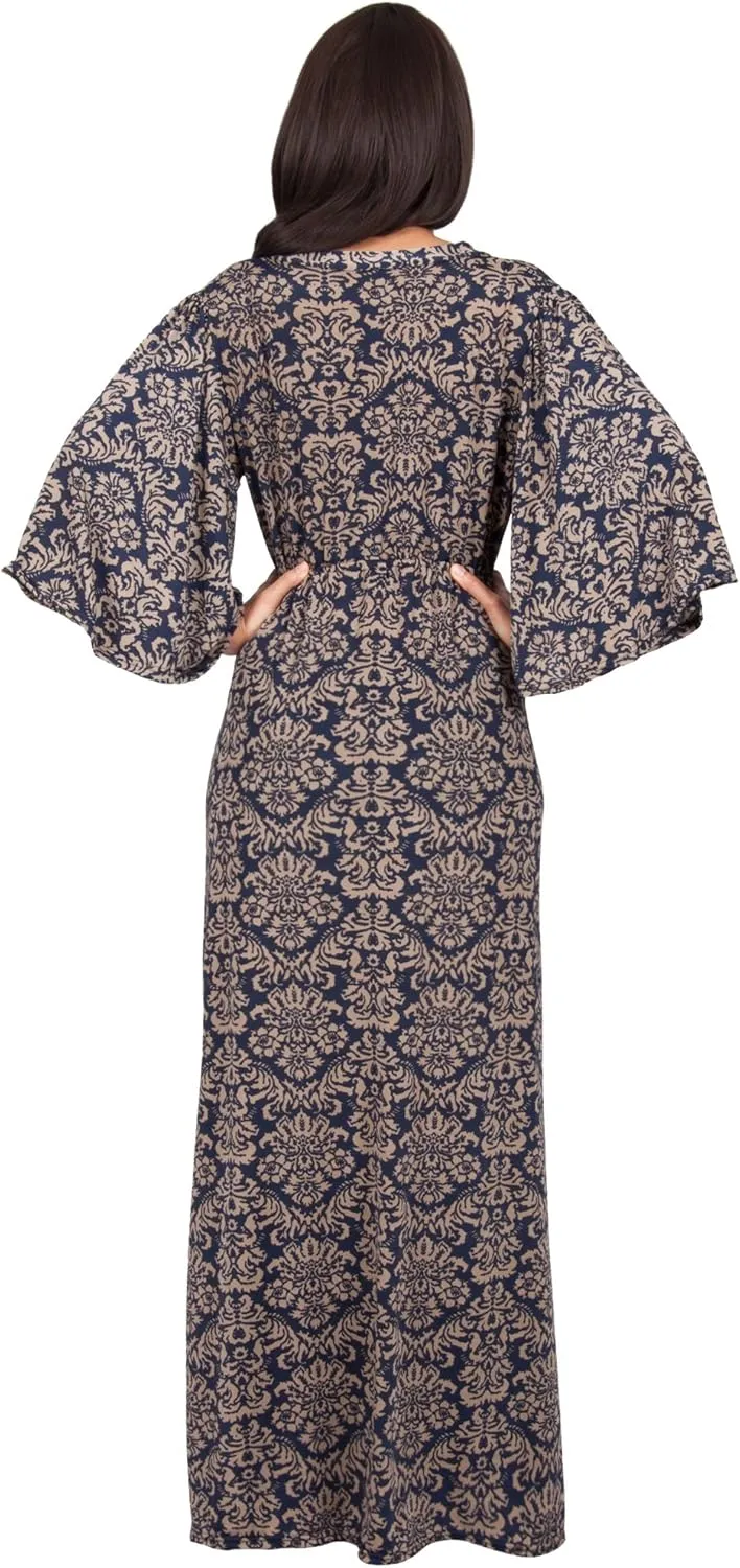KOH KOH Womens 2025 Long 3/4 Sleeve V Neck Bohemian Print Flowy Maxi Dress Gown
