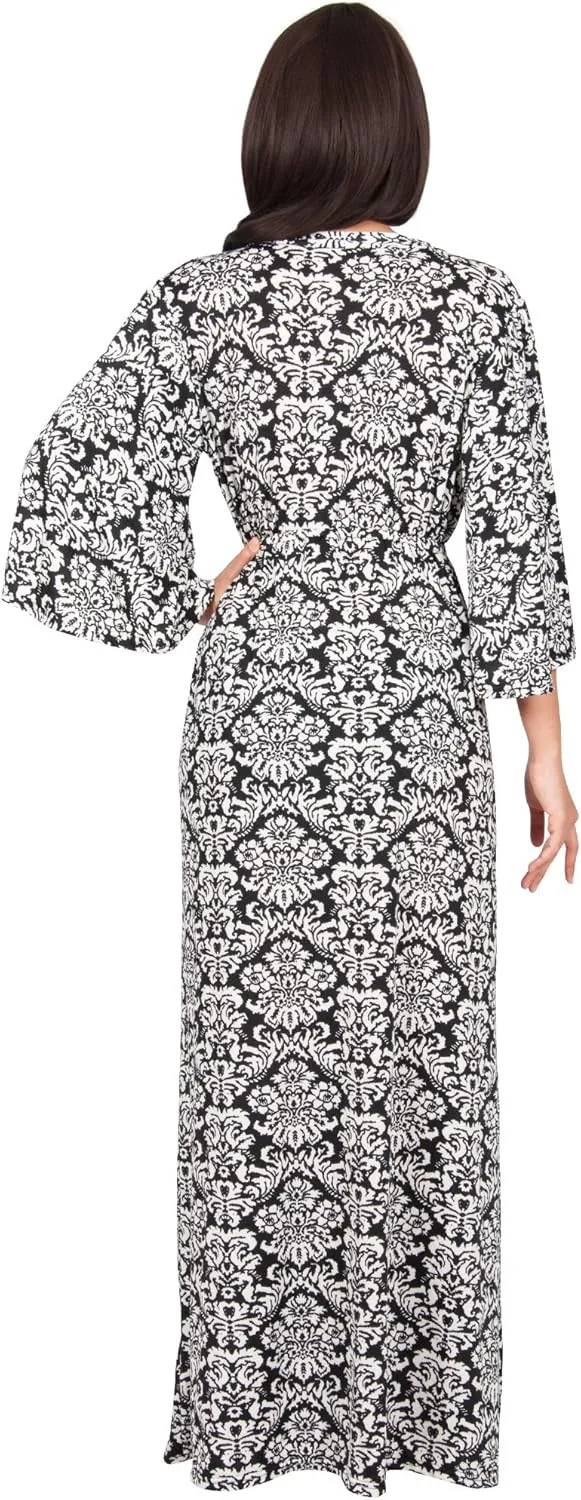 KOH KOH Womens 2025 Long 3/4 Sleeve V Neck Bohemian Print Flowy Maxi Dress Gown