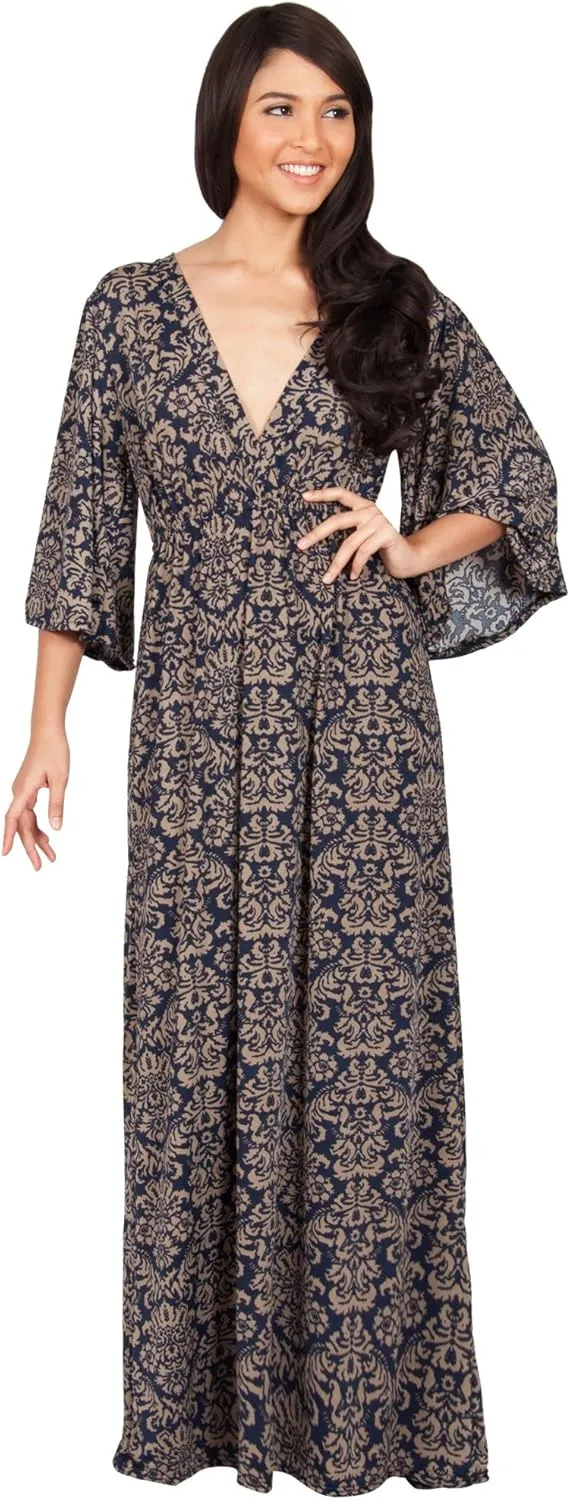 KOH KOH Womens 2025 Long 3/4 Sleeve V Neck Bohemian Print Flowy Maxi Dress Gown