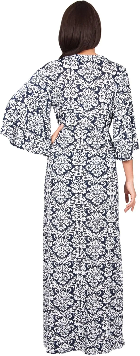 KOH KOH Womens 2025 Long 3/4 Sleeve V Neck Bohemian Print Flowy Maxi Dress Gown