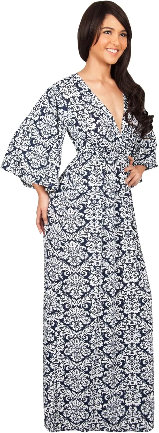 KOH KOH Womens 2025 Long 3/4 Sleeve V Neck Bohemian Print Flowy Maxi Dress Gown
