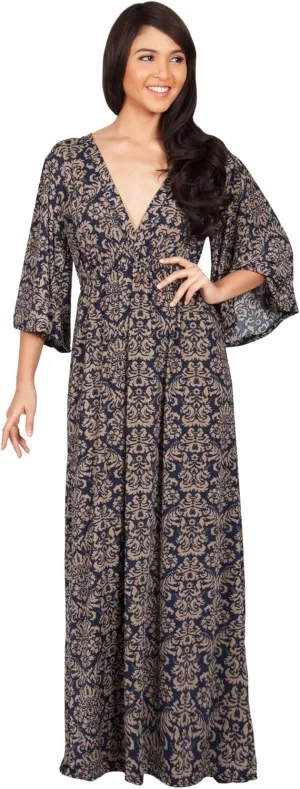 KOH KOH Womens 2025 Long 3/4 Sleeve V Neck Bohemian Print Flowy Maxi Dress Gown