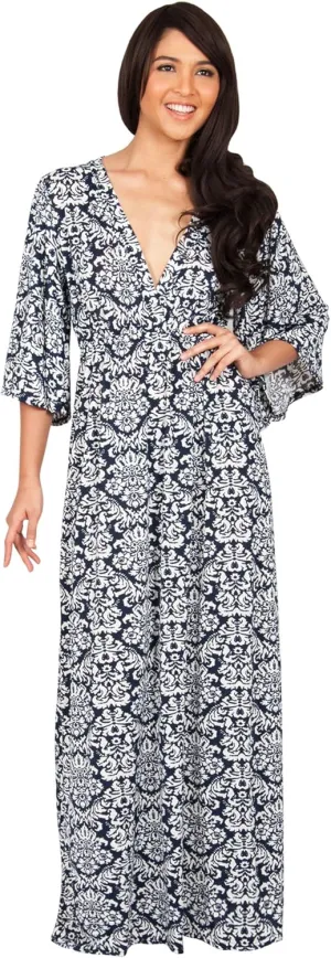 KOH KOH Womens 2025 Long 3/4 Sleeve V Neck Bohemian Print Flowy Maxi Dress Gown