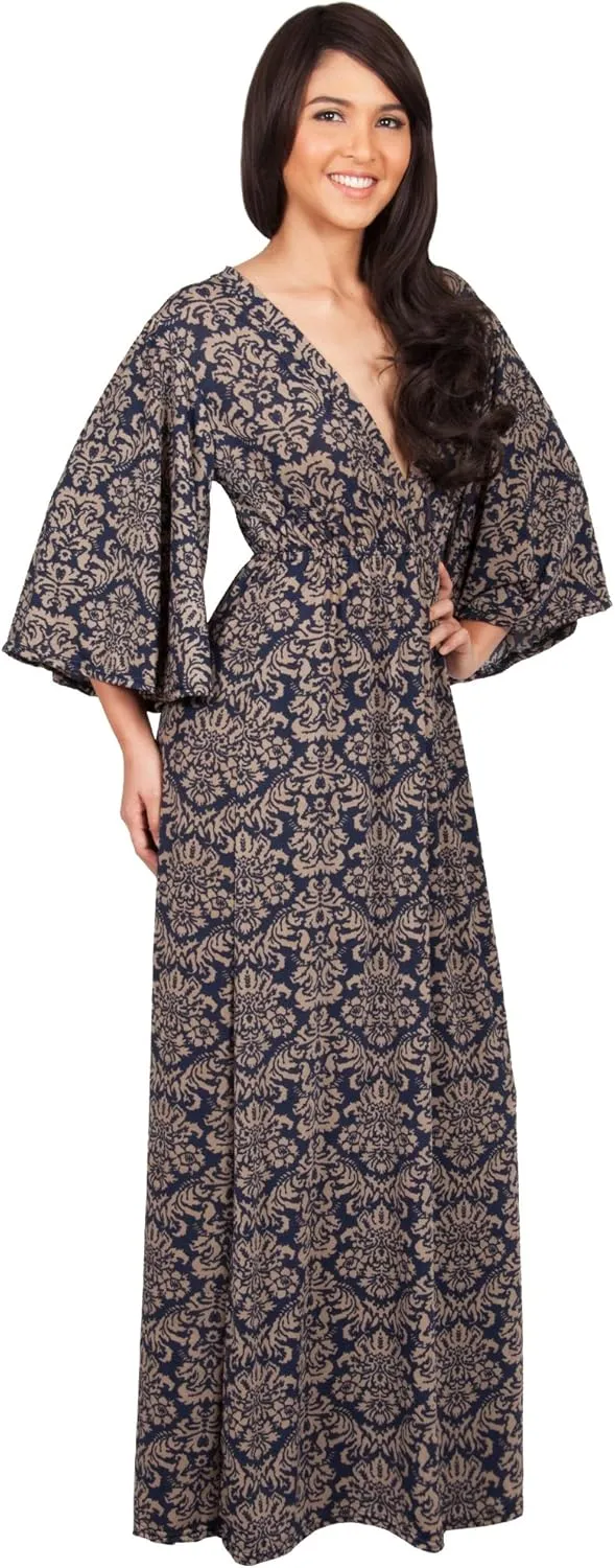 KOH KOH Womens 2025 Long 3/4 Sleeve V Neck Bohemian Print Flowy Maxi Dress Gown