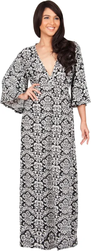 KOH KOH Womens 2025 Long 3/4 Sleeve V Neck Bohemian Print Flowy Maxi Dress Gown