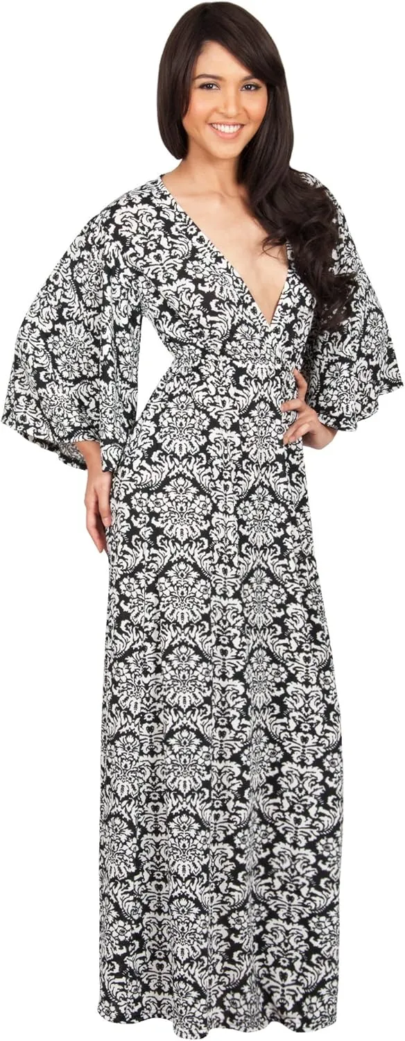 KOH KOH Womens 2025 Long 3/4 Sleeve V Neck Bohemian Print Flowy Maxi Dress Gown