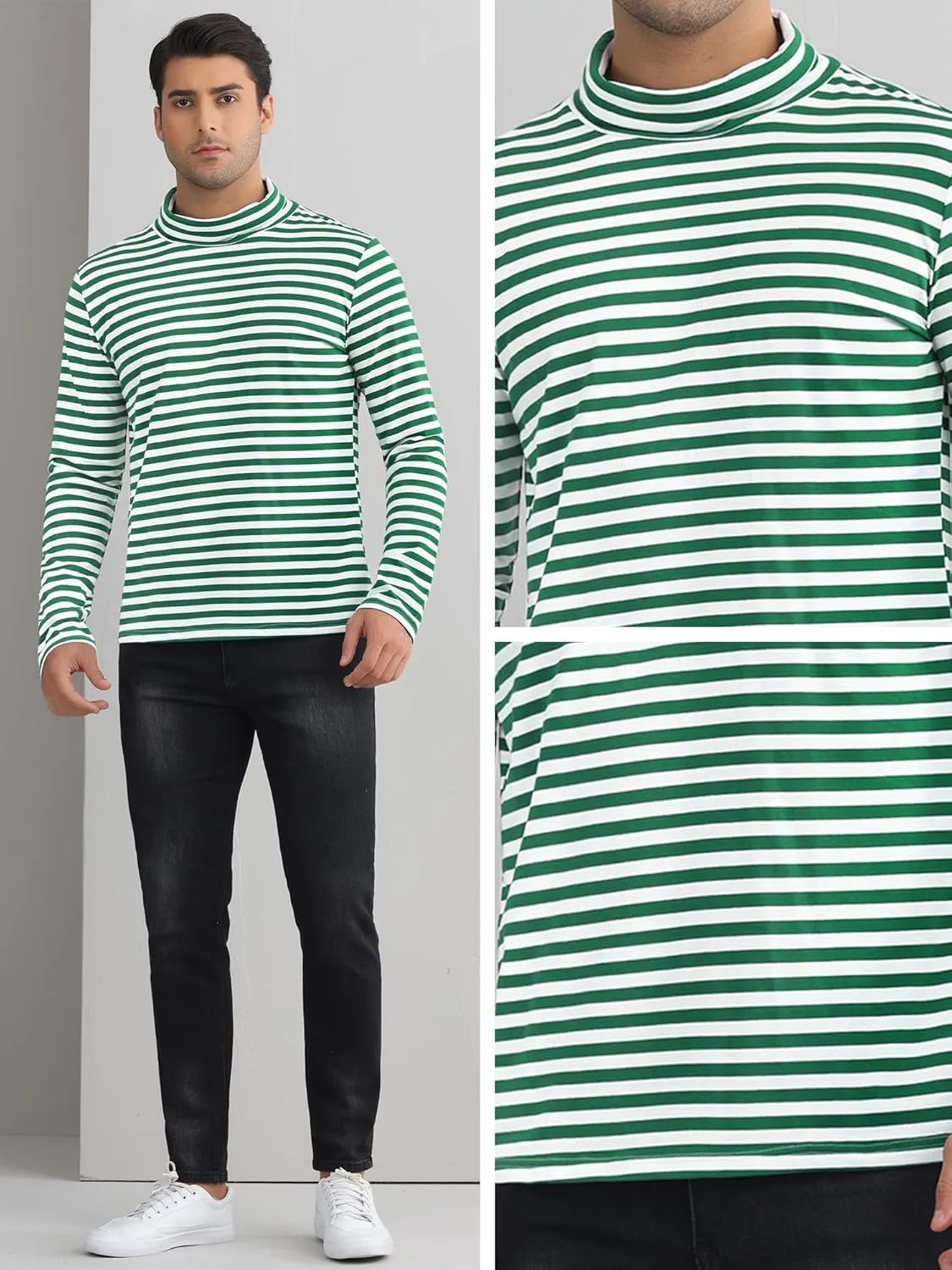 Lars Amadeus Striped Turtleneck T-Shirt for Men's Contrast Color Long Sleeves Pullover Stripes T Shirt