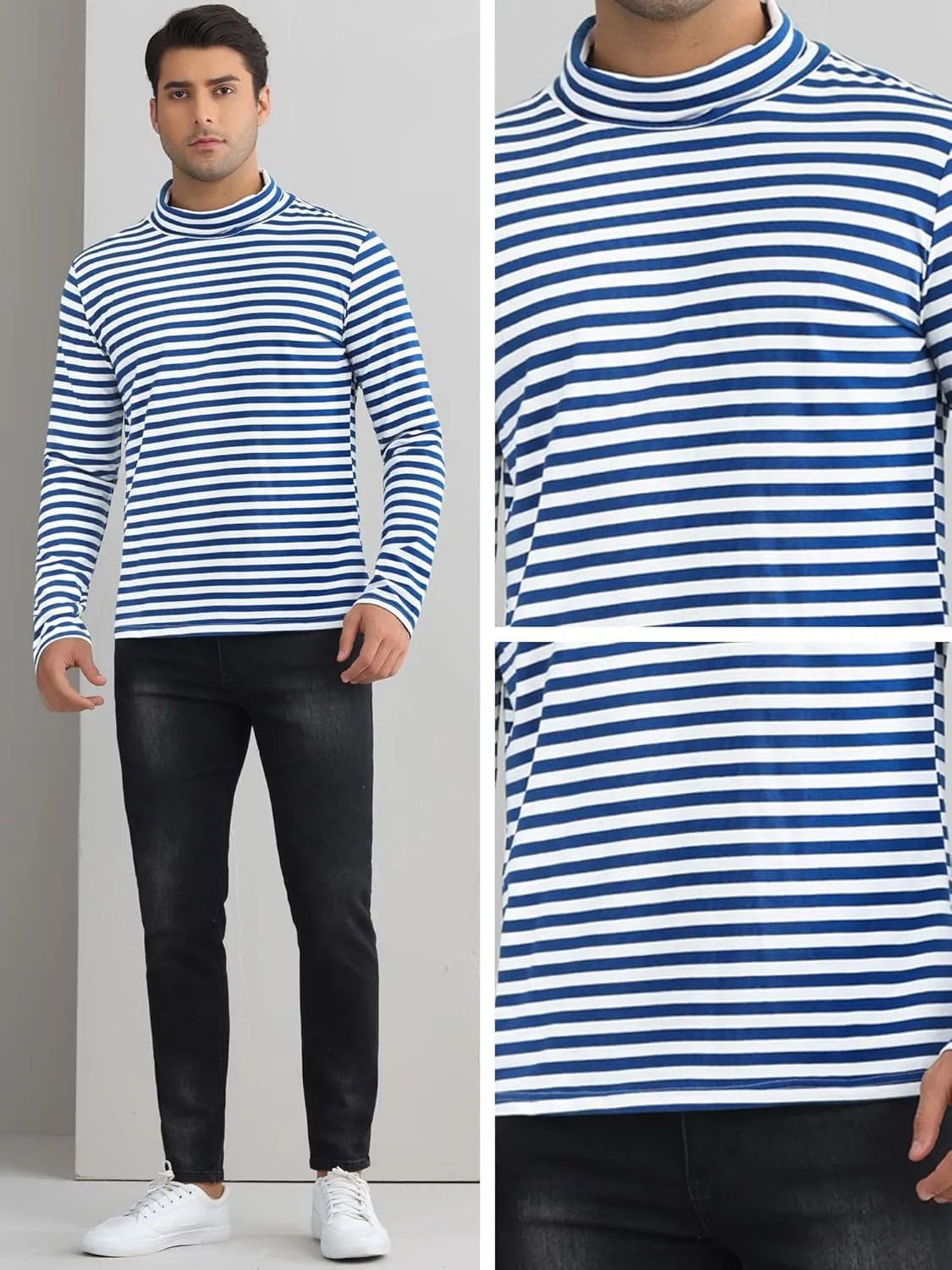 Lars Amadeus Striped Turtleneck T-Shirt for Men's Contrast Color Long Sleeves Pullover Stripes T Shirt