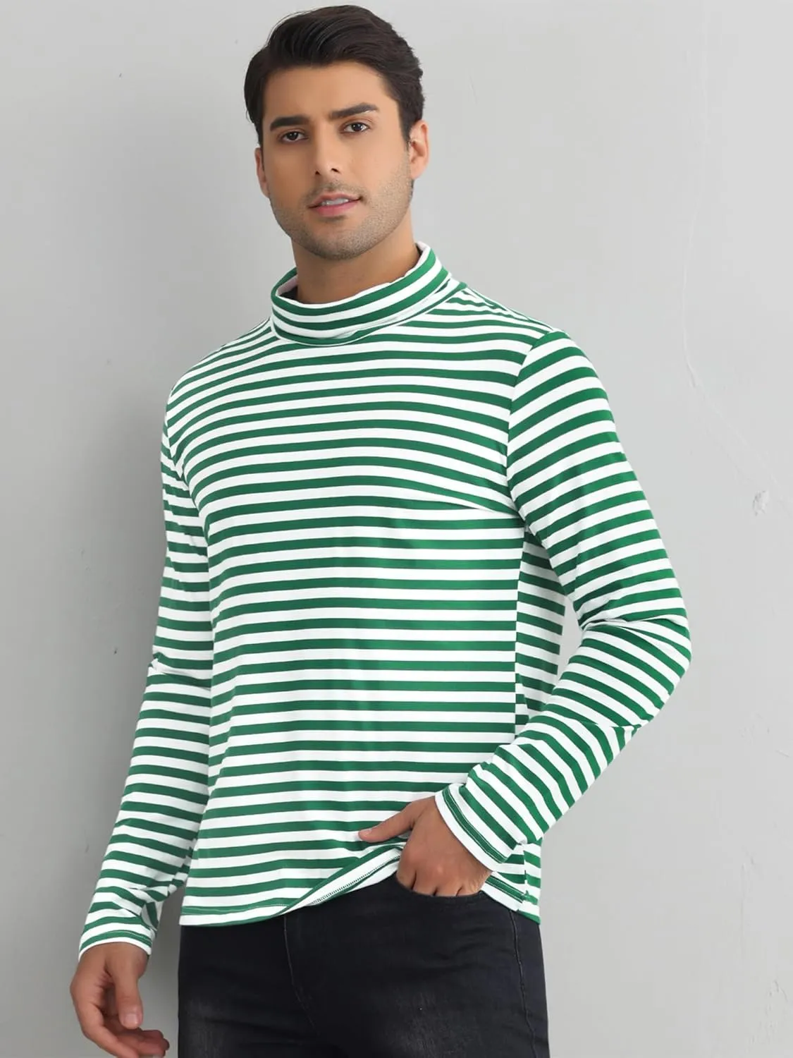 Lars Amadeus Striped Turtleneck T-Shirt for Men's Contrast Color Long Sleeves Pullover Stripes T Shirt