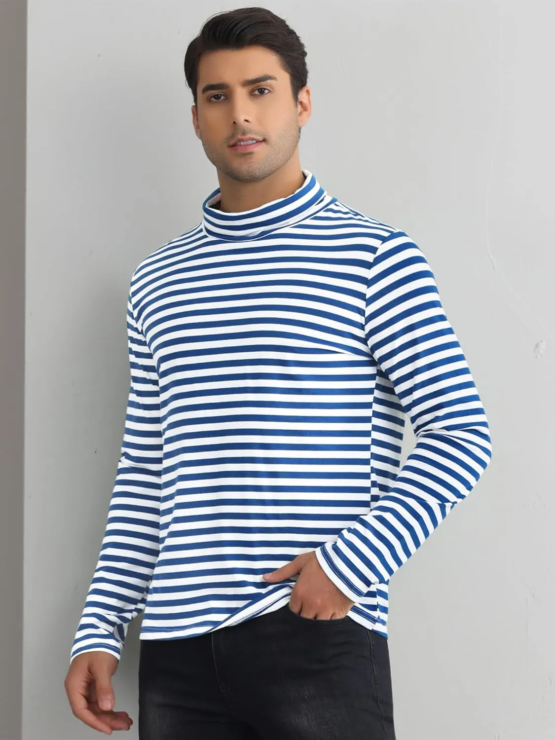 Lars Amadeus Striped Turtleneck T-Shirt for Men's Contrast Color Long Sleeves Pullover Stripes T Shirt