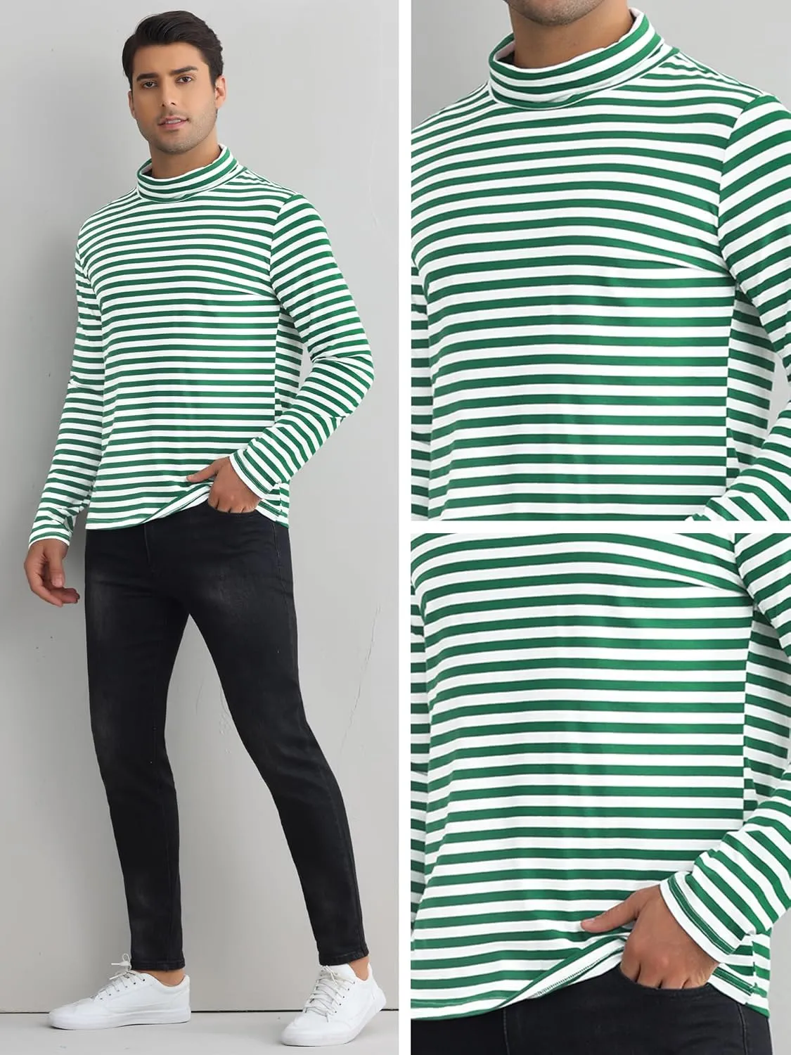 Lars Amadeus Striped Turtleneck T-Shirt for Men's Contrast Color Long Sleeves Pullover Stripes T Shirt