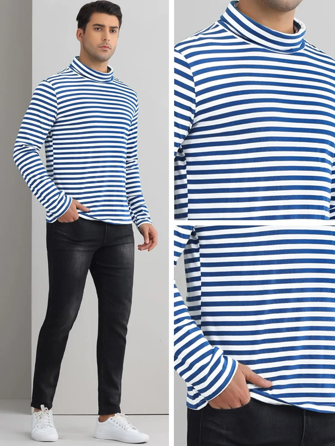 Lars Amadeus Striped Turtleneck T-Shirt for Men's Contrast Color Long Sleeves Pullover Stripes T Shirt