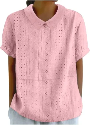 LCMTWX Casual V Neck Button Down Shirts for Women Linen Loose Large Size Thin Lapel Shirt Short Sleeved Blouse Women'S