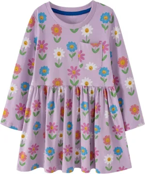 Little Girls Cotton Long Sleeve Casual Dress Toddler Kids Cartoon Floral Print Jersey Dresses 24M-7Yrs
