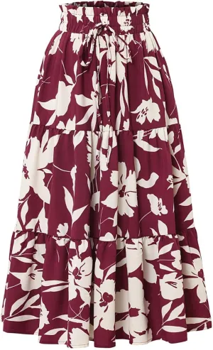 Long Skirts for Women Summer Floral Flowy Maxi Skirt Pleated High Waisted A Line Skirts Trendy Smocked Waist Skirt