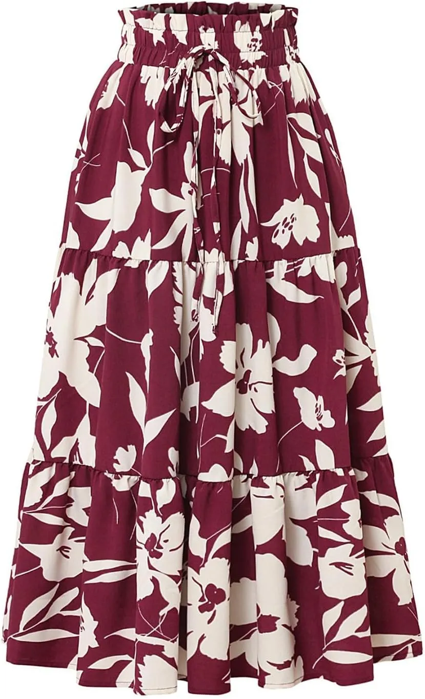 Long Skirts for Women Summer Floral Flowy Maxi Skirt Pleated High Waisted A Line Skirts Trendy Smocked Waist Skirt
