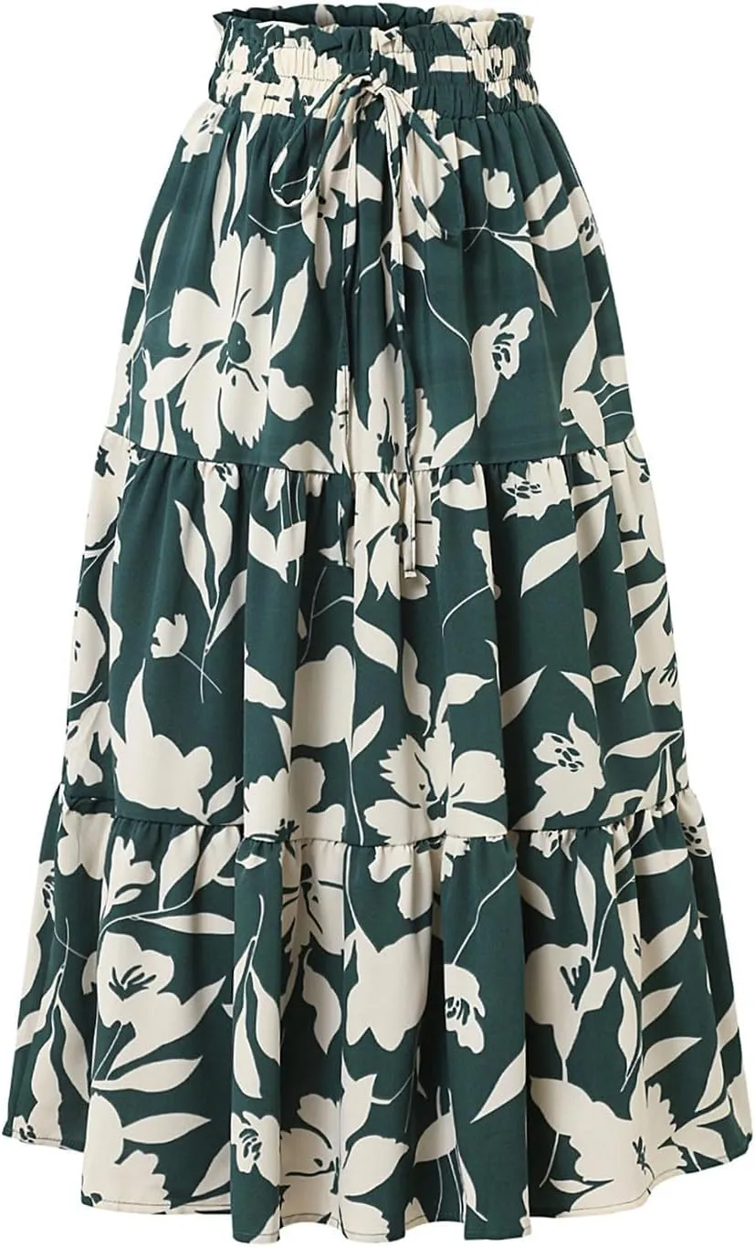 Long Skirts for Women Summer Floral Flowy Maxi Skirt Pleated High Waisted A Line Skirts Trendy Smocked Waist Skirt