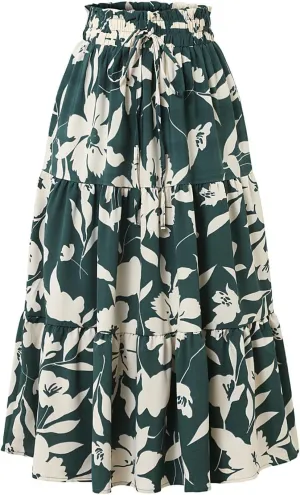 Long Skirts for Women Summer Floral Flowy Maxi Skirt Pleated High Waisted A Line Skirts Trendy Smocked Waist Skirt