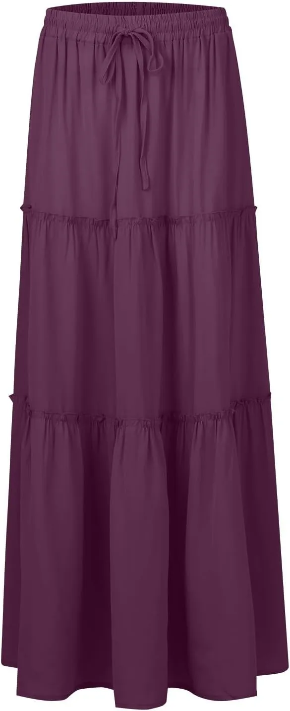 Long Skirts for Women Trendy Pleated Maxi Skirt Casual Drawstring High Waisted Flowy Tiered Long Skirt with Pockets