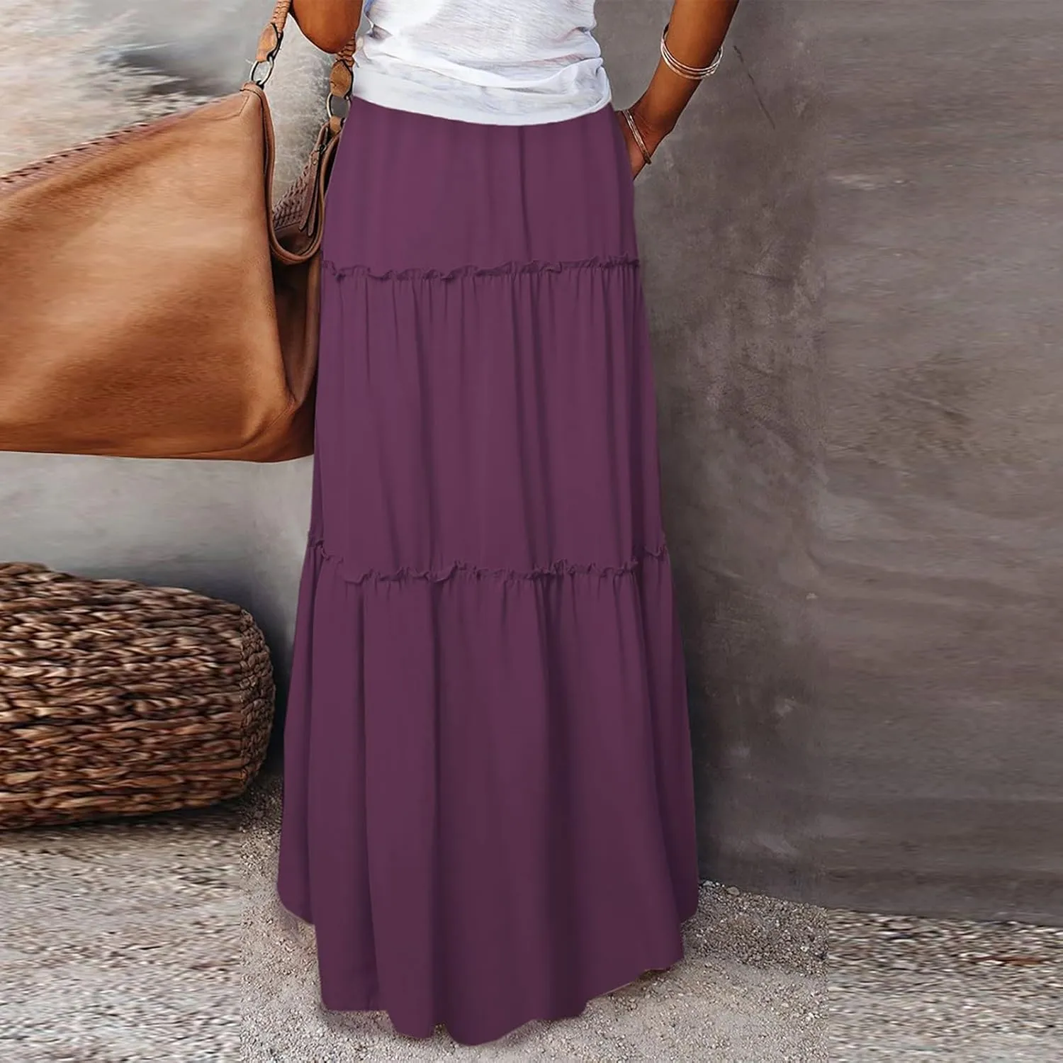 Long Skirts for Women Trendy Pleated Maxi Skirt Casual Drawstring High Waisted Flowy Tiered Long Skirt with Pockets