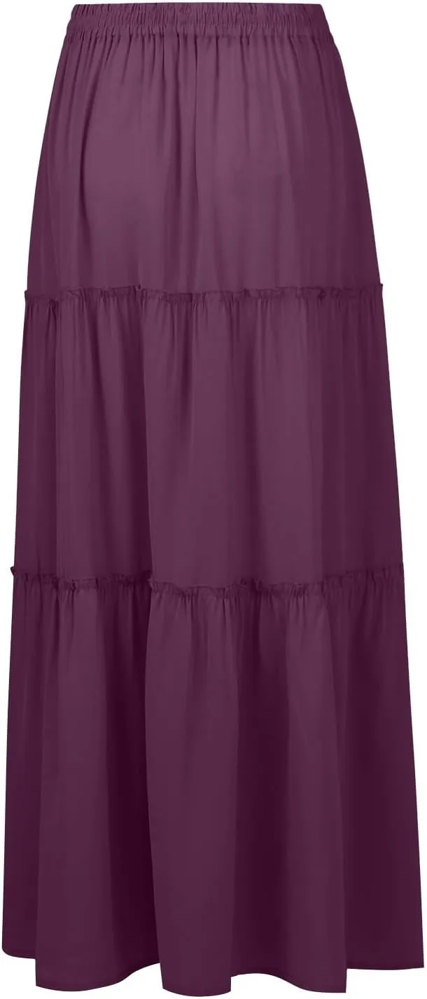 Long Skirts for Women Trendy Pleated Maxi Skirt Casual Drawstring High Waisted Flowy Tiered Long Skirt with Pockets