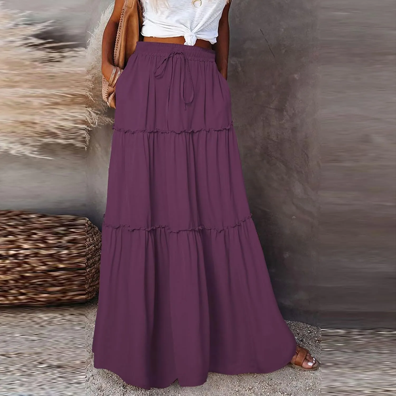 Long Skirts for Women Trendy Pleated Maxi Skirt Casual Drawstring High Waisted Flowy Tiered Long Skirt with Pockets