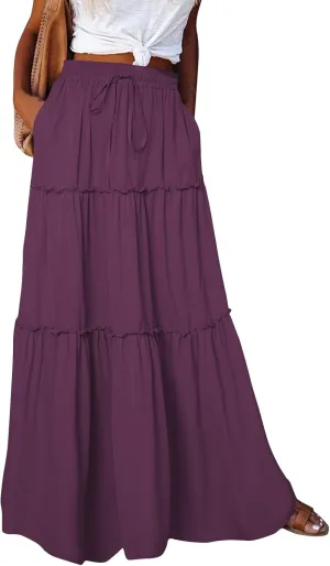 Long Skirts for Women Trendy Pleated Maxi Skirt Casual Drawstring High Waisted Flowy Tiered Long Skirt with Pockets