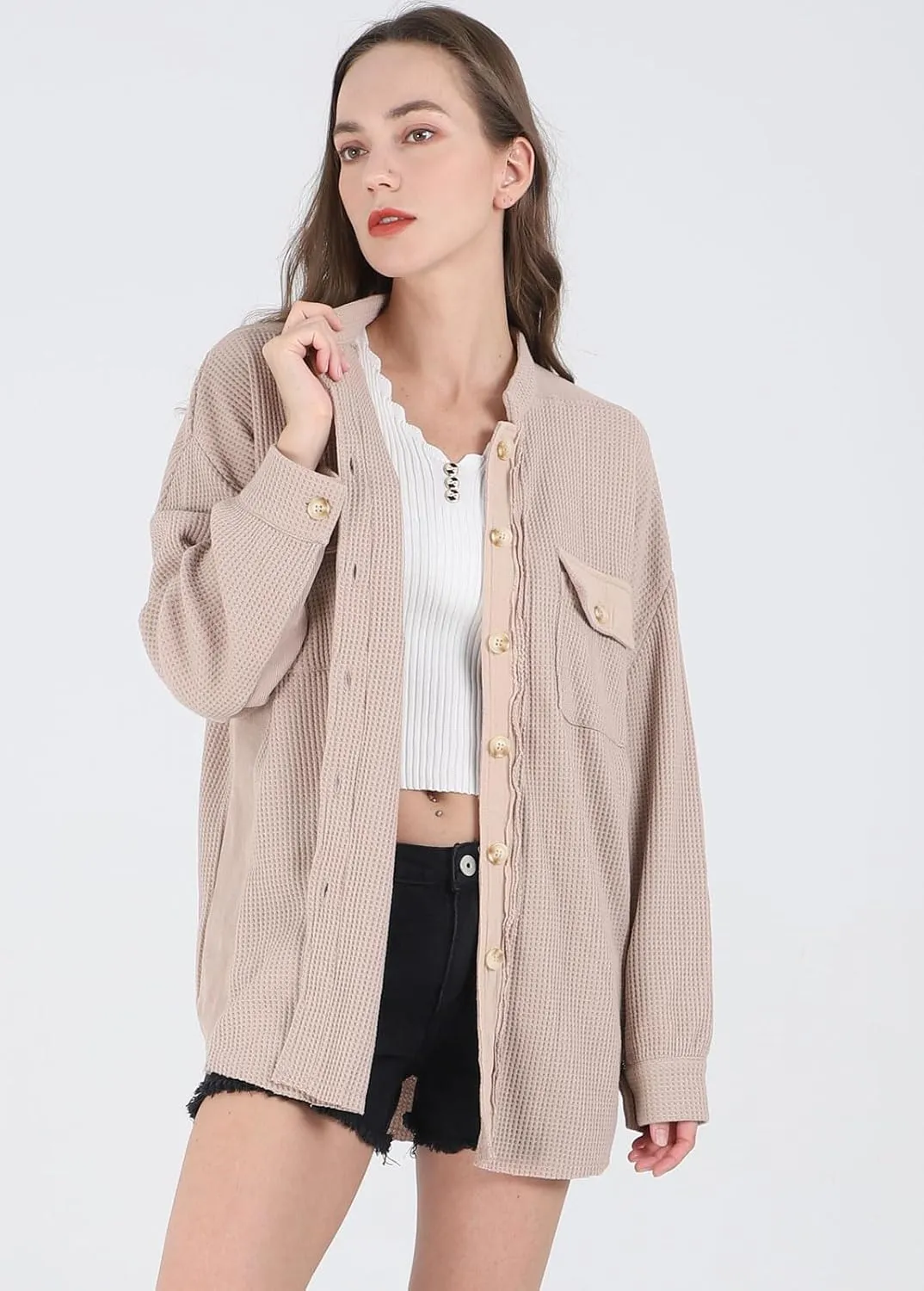 loveimgs Oversized Waffle Knit Shirt Women Fall Shacket Corduroy Long Sleeve Shirts Button Down Shirts Jacket