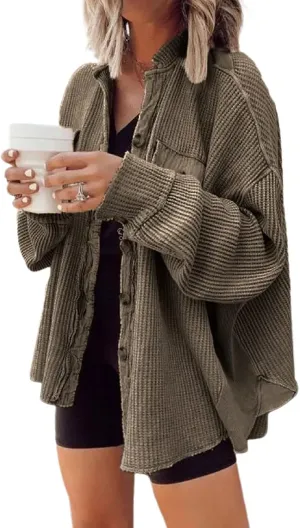 loveimgs Oversized Waffle Knit Shirt Women Fall Shacket Corduroy Long Sleeve Shirts Button Down Shirts Jacket