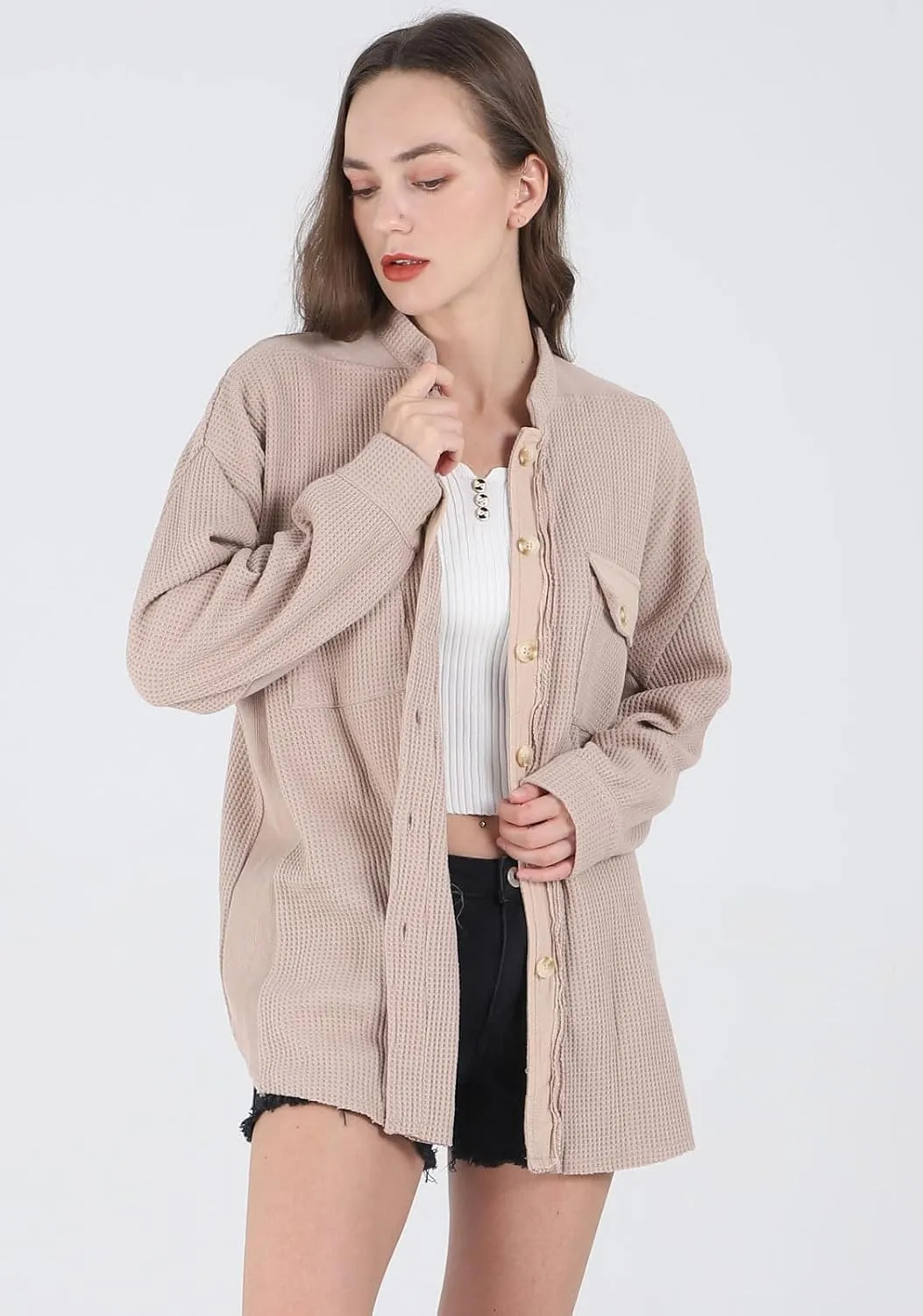 loveimgs Oversized Waffle Knit Shirt Women Fall Shacket Corduroy Long Sleeve Shirts Button Down Shirts Jacket