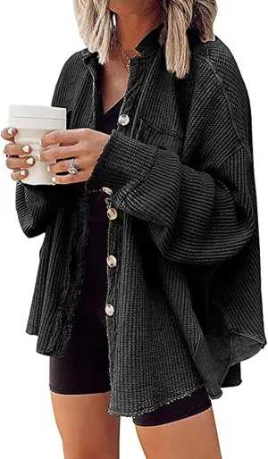 loveimgs Oversized Waffle Knit Shirt Women Fall Shacket Corduroy Long Sleeve Shirts Button Down Shirts Jacket