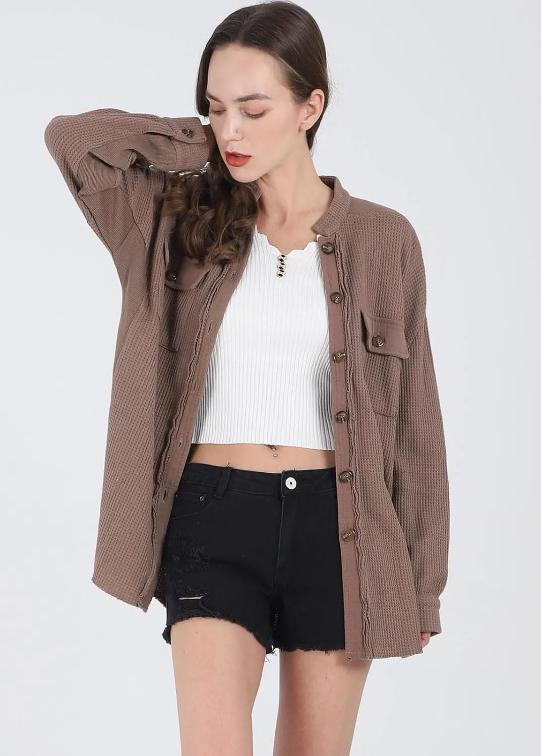 loveimgs Oversized Waffle Knit Shirt Women Fall Shacket Corduroy Long Sleeve Shirts Button Down Shirts Jacket