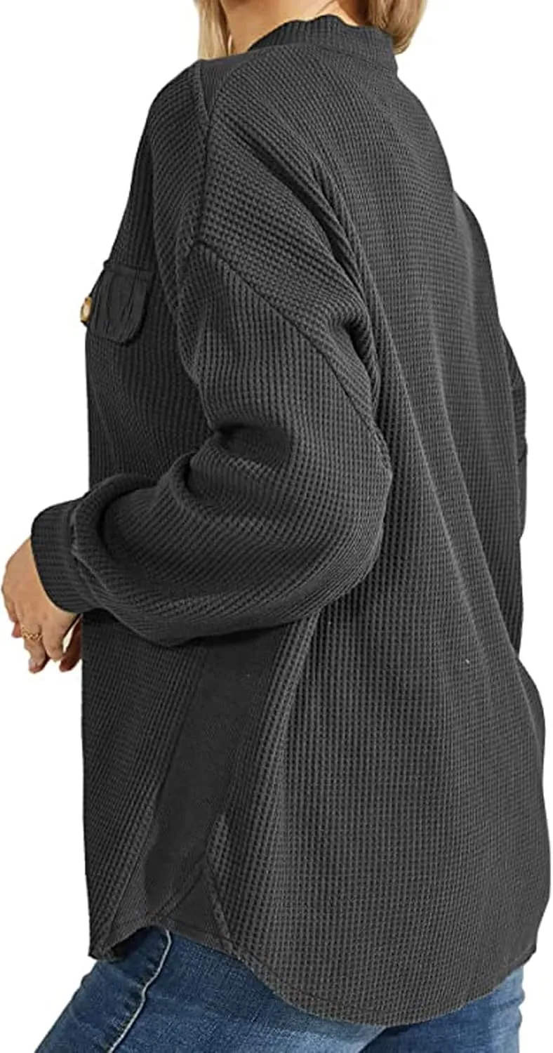 loveimgs Oversized Waffle Knit Shirt Women Fall Shacket Corduroy Long Sleeve Shirts Button Down Shirts Jacket