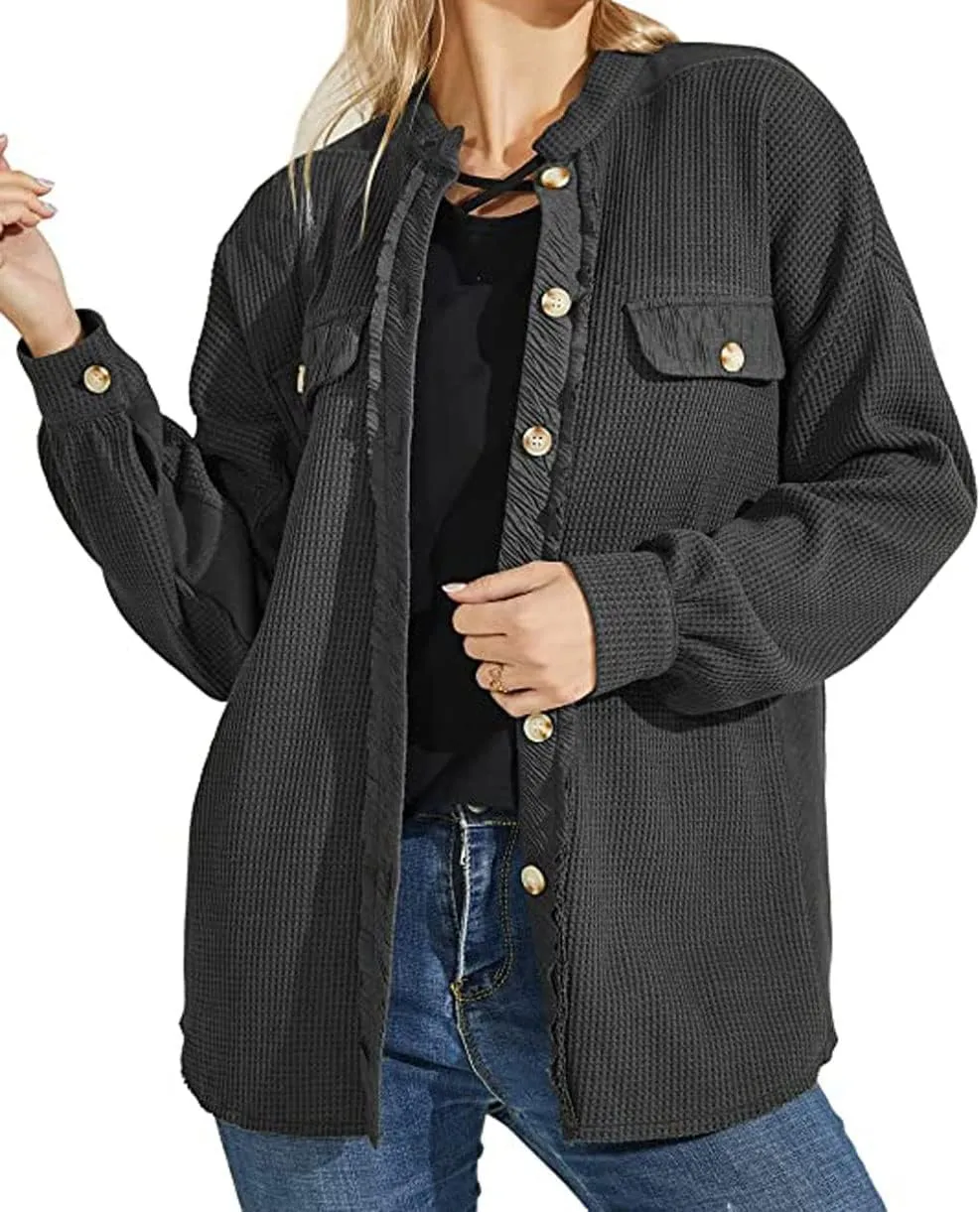 loveimgs Oversized Waffle Knit Shirt Women Fall Shacket Corduroy Long Sleeve Shirts Button Down Shirts Jacket