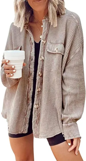 loveimgs Oversized Waffle Knit Shirt Women Fall Shacket Corduroy Long Sleeve Shirts Button Down Shirts Jacket