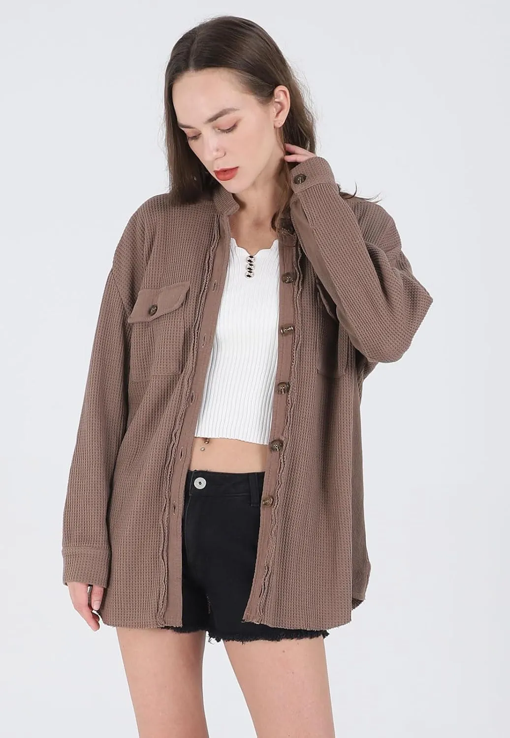 loveimgs Oversized Waffle Knit Shirt Women Fall Shacket Corduroy Long Sleeve Shirts Button Down Shirts Jacket