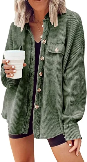 loveimgs Oversized Waffle Knit Shirt Women Fall Shacket Corduroy Long Sleeve Shirts Button Down Shirts Jacket