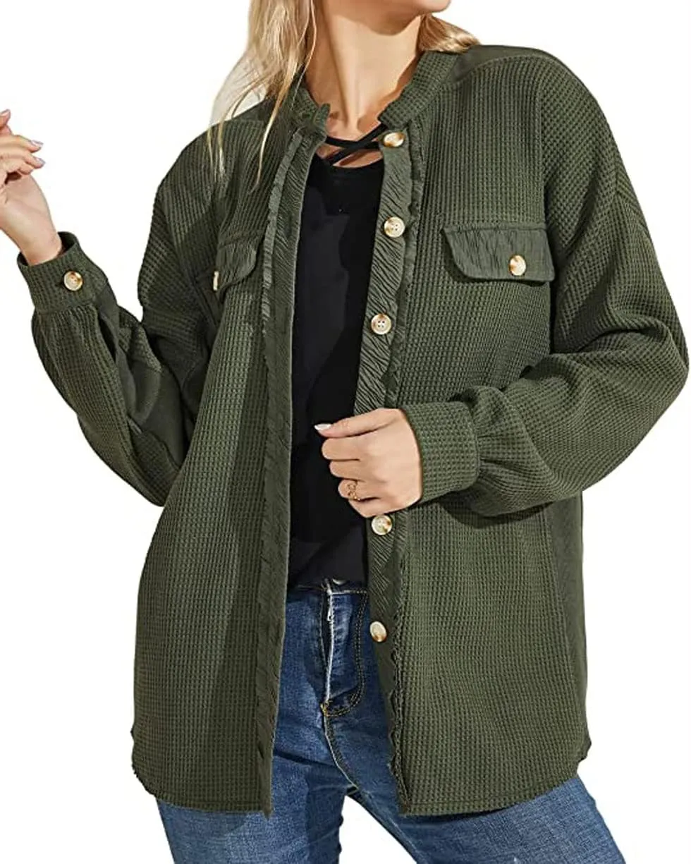 loveimgs Oversized Waffle Knit Shirt Women Fall Shacket Corduroy Long Sleeve Shirts Button Down Shirts Jacket