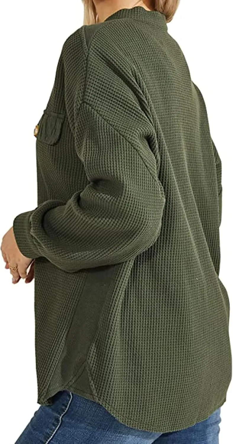 loveimgs Oversized Waffle Knit Shirt Women Fall Shacket Corduroy Long Sleeve Shirts Button Down Shirts Jacket