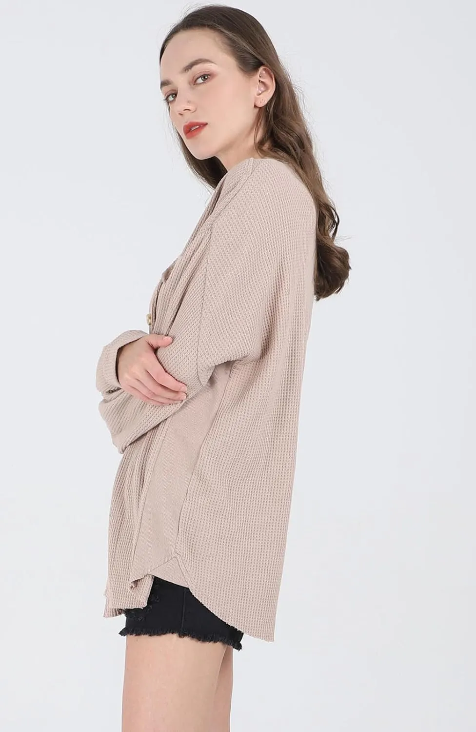 loveimgs Oversized Waffle Knit Shirt Women Fall Shacket Corduroy Long Sleeve Shirts Button Down Shirts Jacket