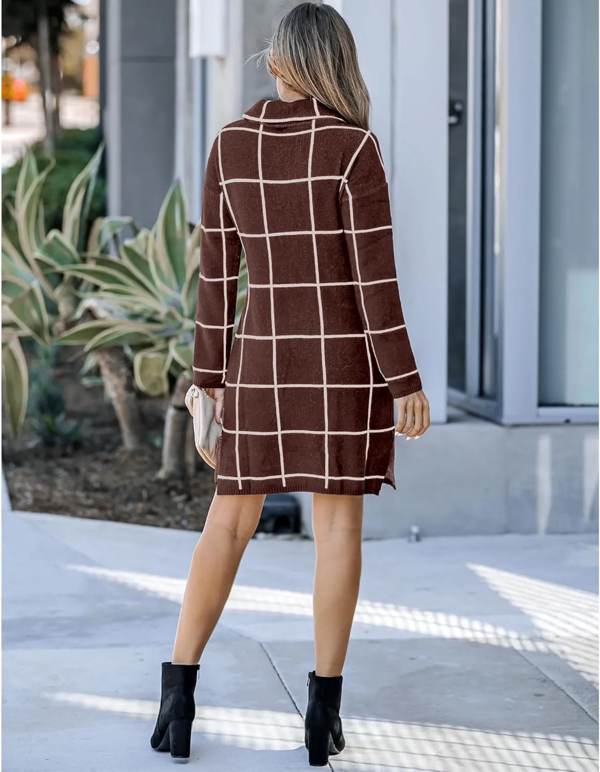 luvamia Women Casual Turtleneck Knitted Sweater Cozy Grid Pullover Sweater Dress