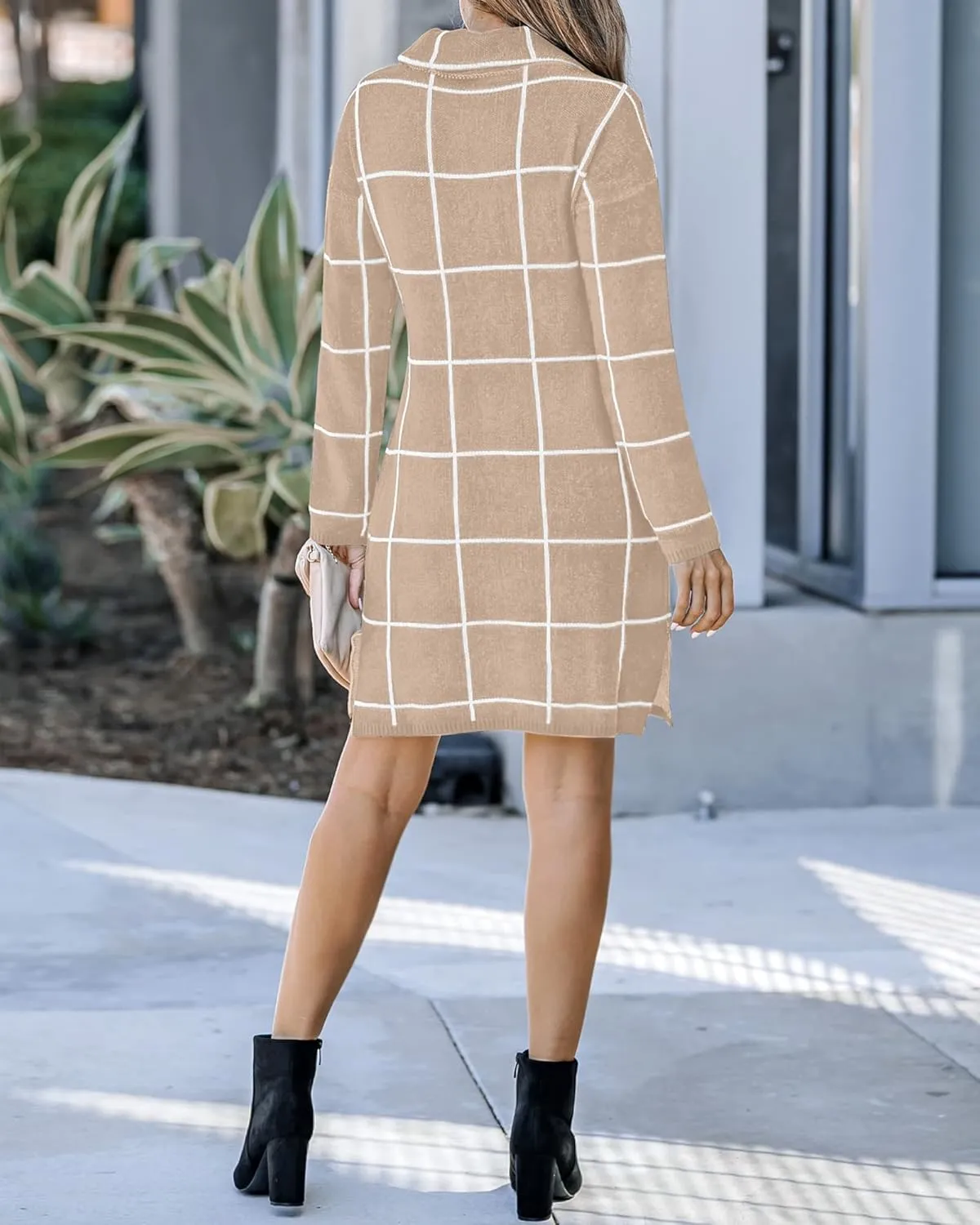 luvamia Women Casual Turtleneck Knitted Sweater Cozy Grid Pullover Sweater Dress