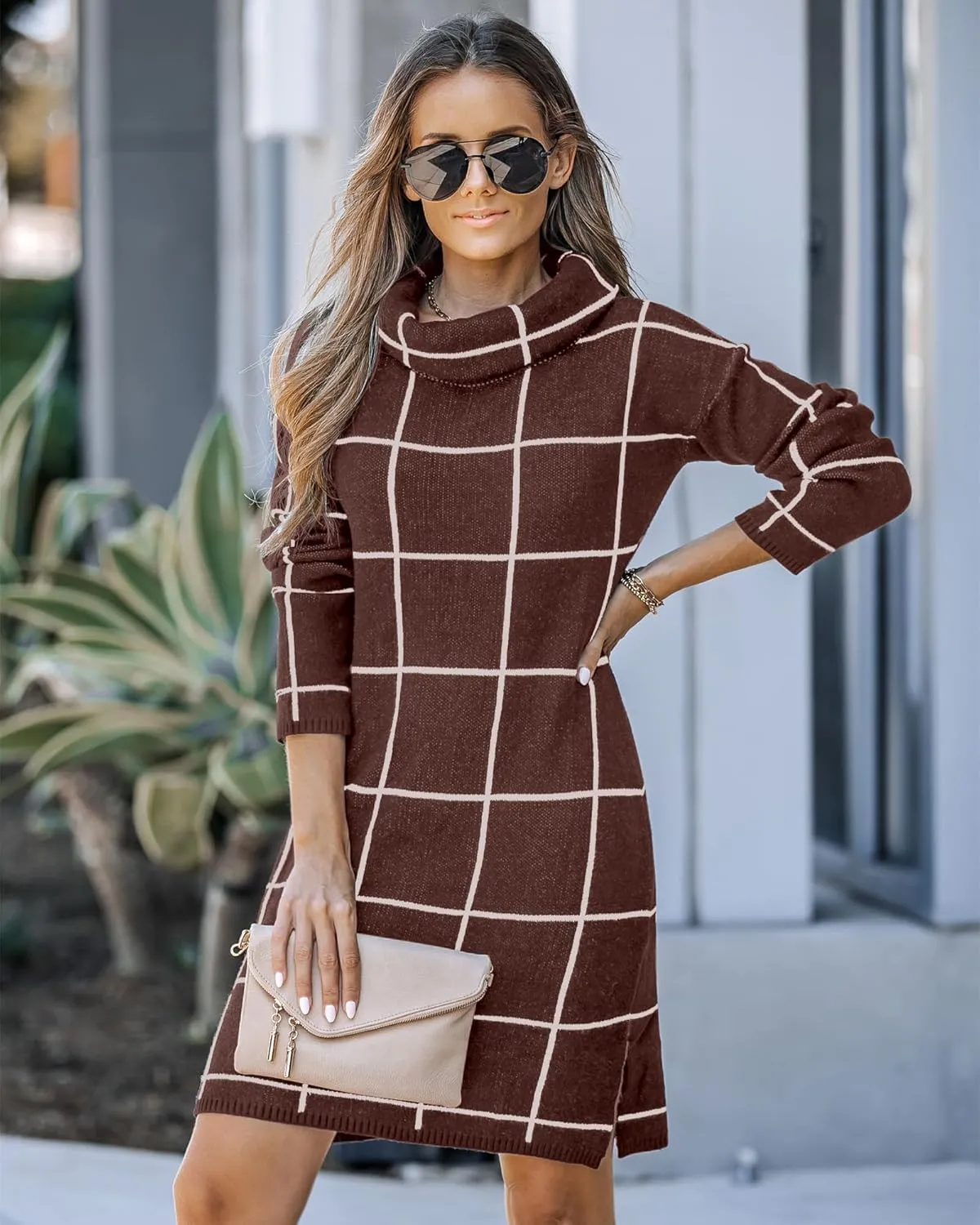 luvamia Women Casual Turtleneck Knitted Sweater Cozy Grid Pullover Sweater Dress