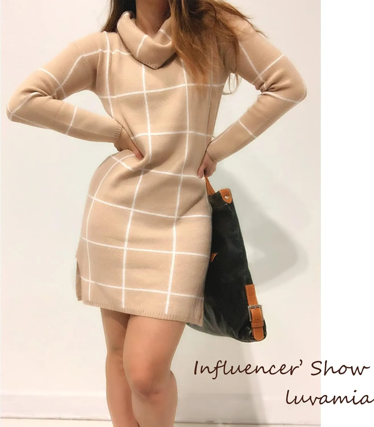 luvamia Women Casual Turtleneck Knitted Sweater Cozy Grid Pullover Sweater Dress